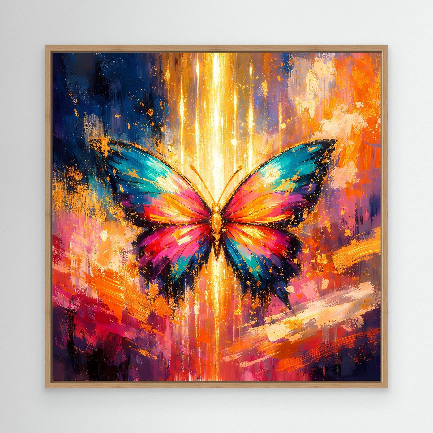 Wandbild mit leuchtendem Schmetterling im Lichtstrahl im Holzrahmen, abstrakte Farbflächen