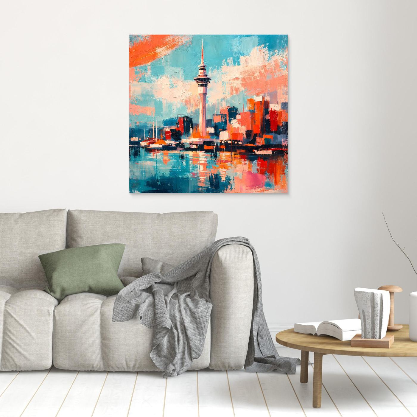 Abstraktes Wandbild mit Skyline und Sky Tower, türkis-orangefarbener Farbverlauf, ungerahmt
