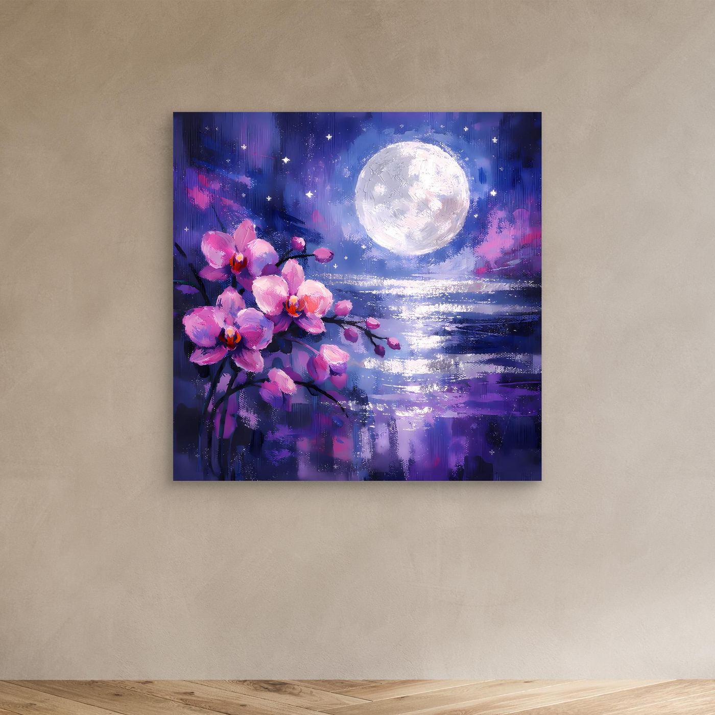 Wandbild auf Leinwand mit rosa Orchideenblüten, Vollmond über Wasser und Sternenhimmel