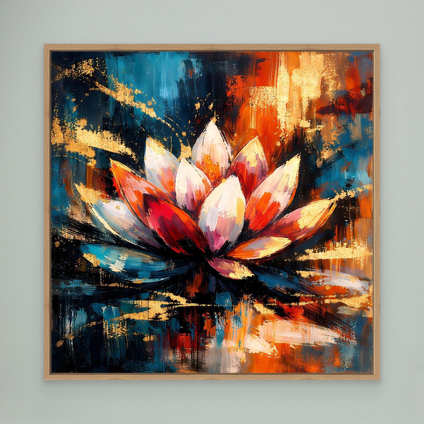 Leinwandbild mit abstrakter Lotusblüte in Blau, Rot und Gold im Eichenrahmen
