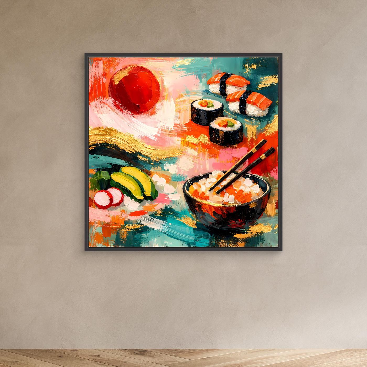 Leinwandbild mit Sushi-Kunst im dunklen Rahmen: Sushi-Rollen, Schale und Stäbchen