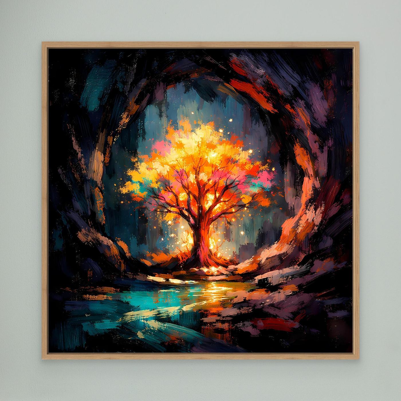 Abstract tree canvas wall art in oak frame, glowing autumn tree and mirror-like water