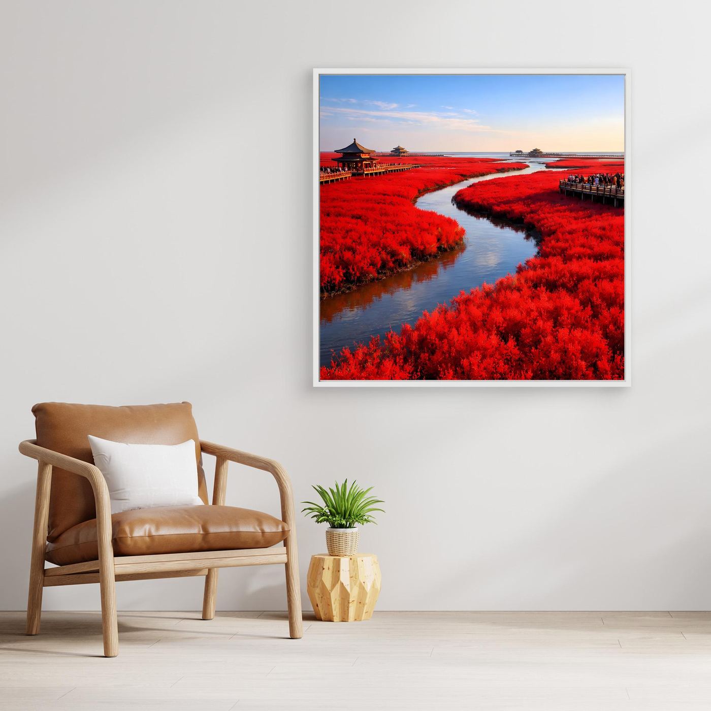 Leinwandbild mit rotem Fluss und roter Ufervegetation, mit weißem Rahmen.