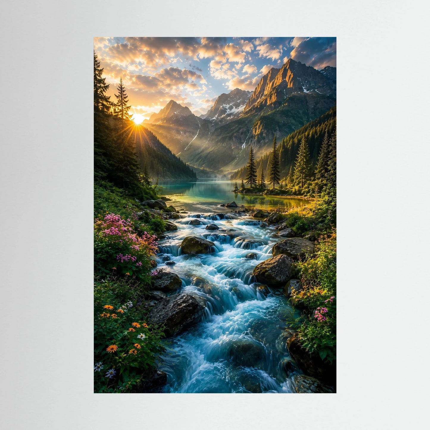 Hochformat-Poster mit Gebirgsbach, Bergen und Sonnenaufgang über einem Waldtal