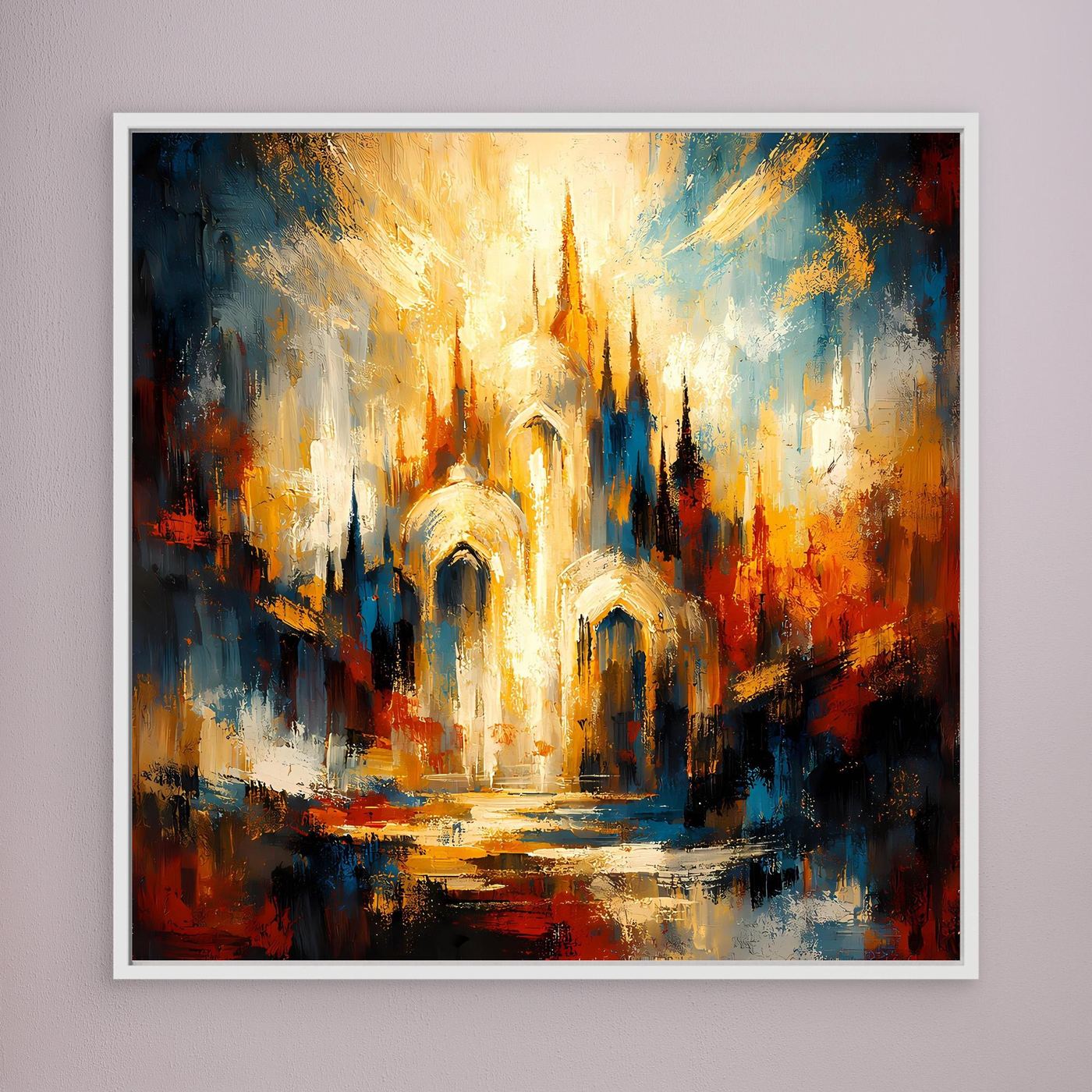 Gerahmtes Leinwandbild mit abstrakter Kathedrale, gold leuchtender Mittelbau, Blau-Rot