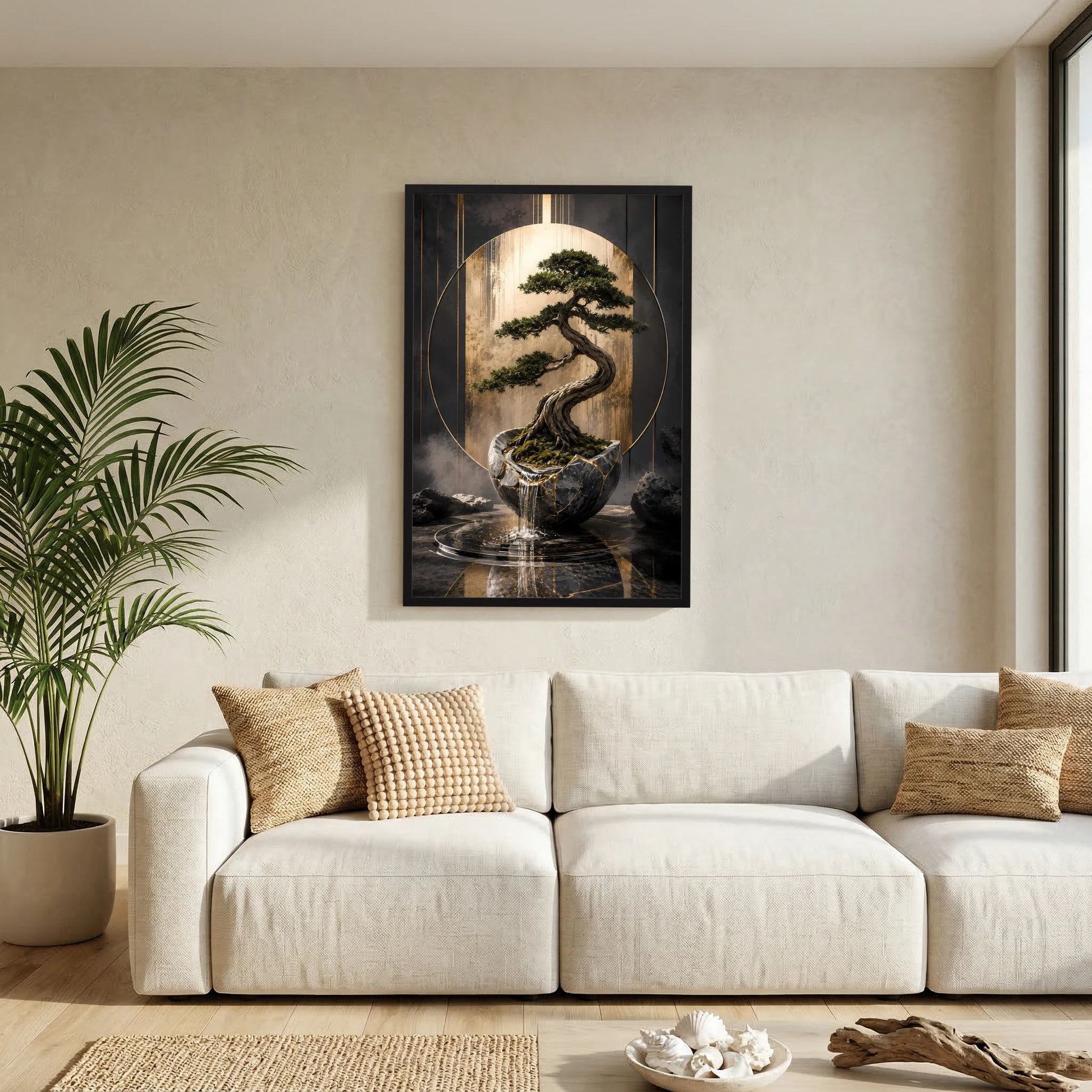 Gerahmtes Poster mit Bonsai im goldumrahmten Kreis, schwarz-goldene Gestaltung