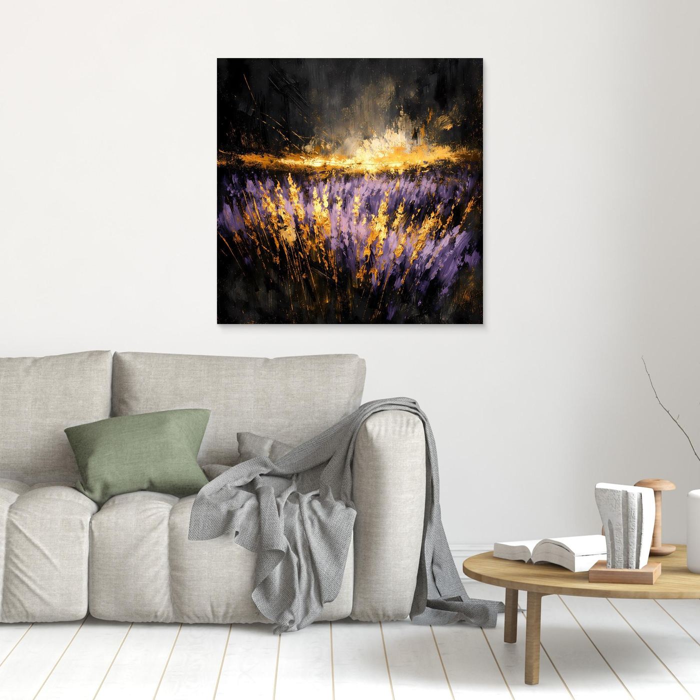 Leinwand Mystisches Lavendelfeld bei Nacht | Abstraktes Natur Wandbild Moderne Kunst