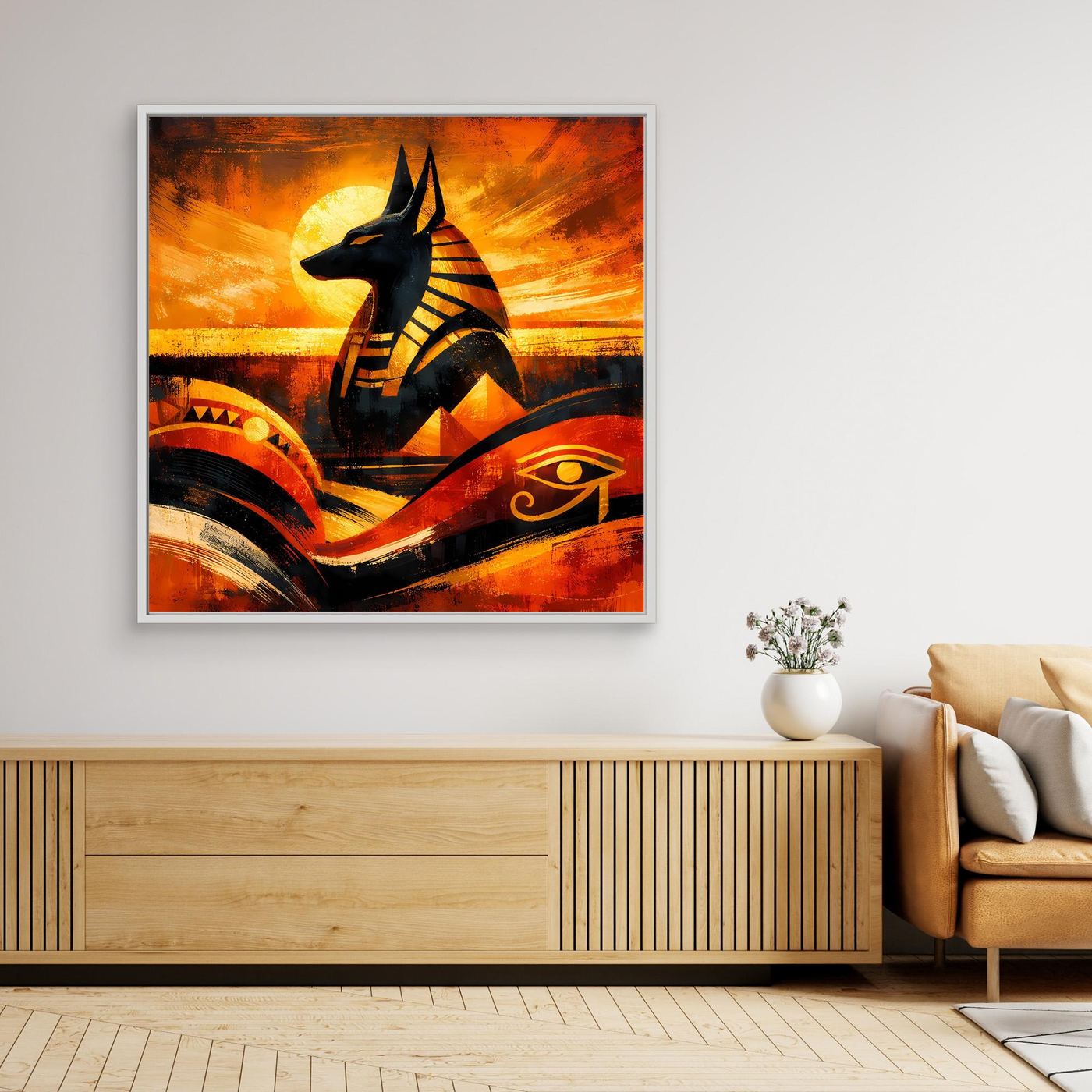 Gerahmtes Leinwand-Wandbild mit abstraktem Anubis in Orange und Schwarz