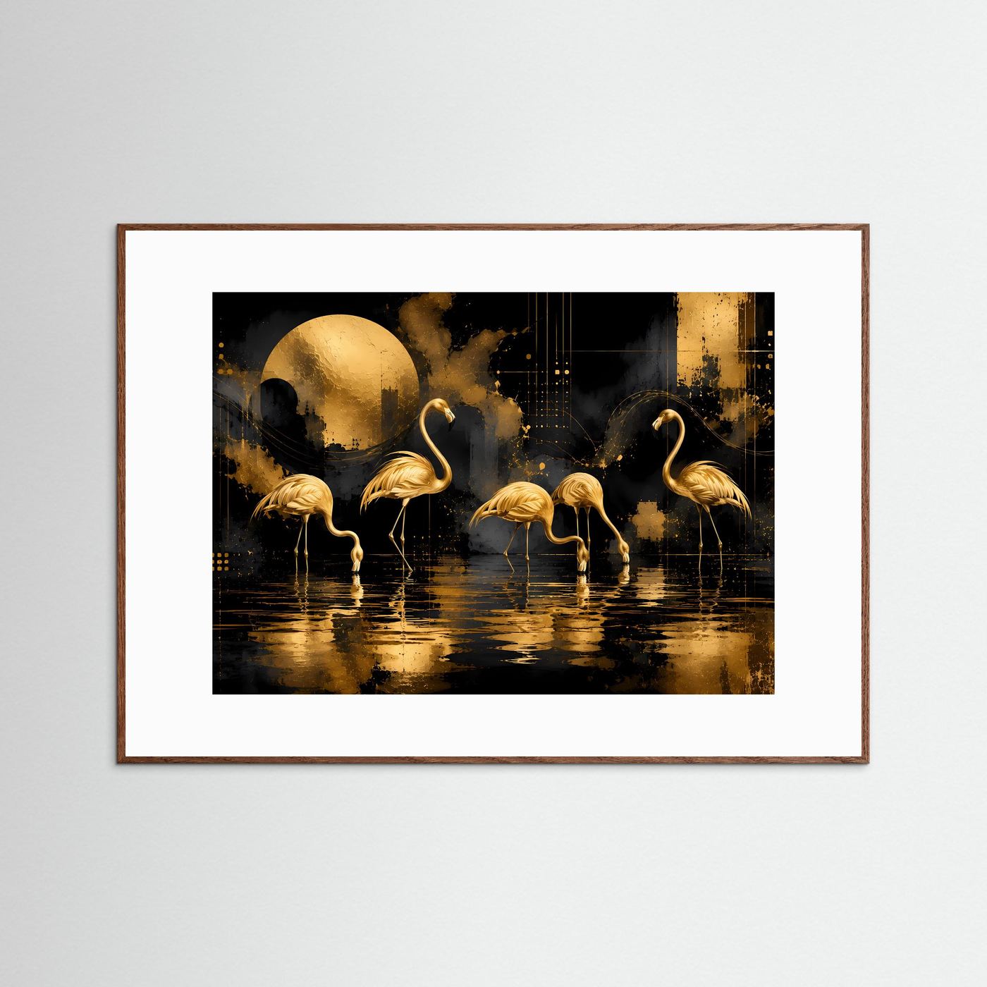 Wandbild mit goldenen Flamingos auf dunklem Hintergrund im braunen Holzrahmen