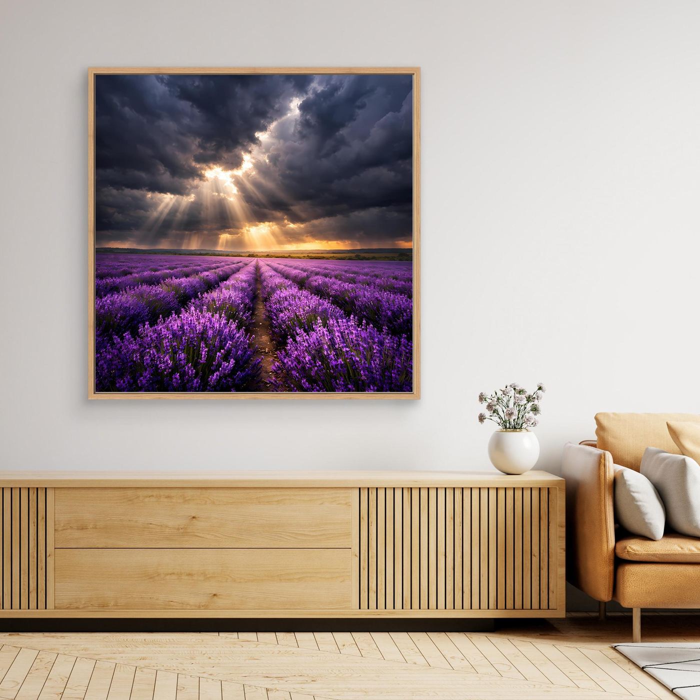 Leinwandbild Lavendelfeld mit Sonnenaufgang, Holzrahmen natur