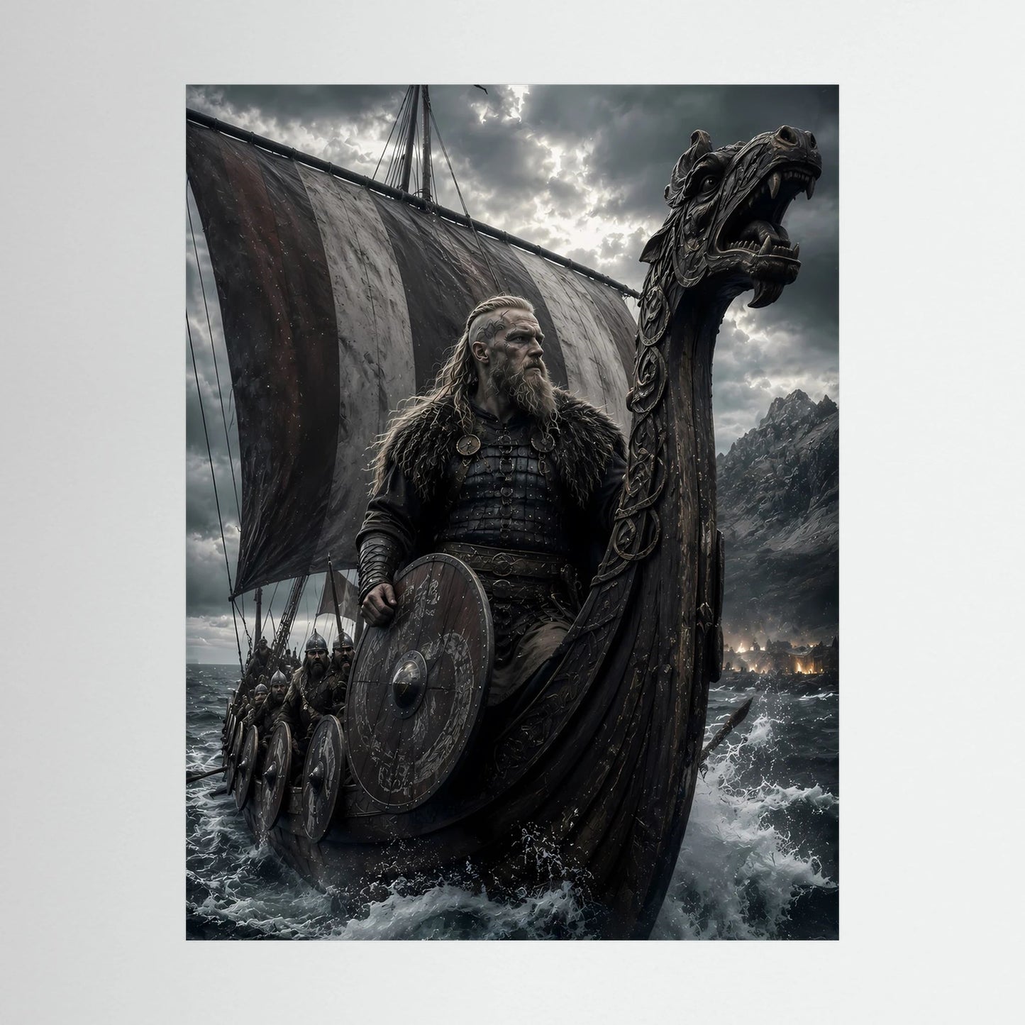 Nahansicht des Hochformat-Posters: Wikinger auf Drachenschiff, schwarz gerahmt