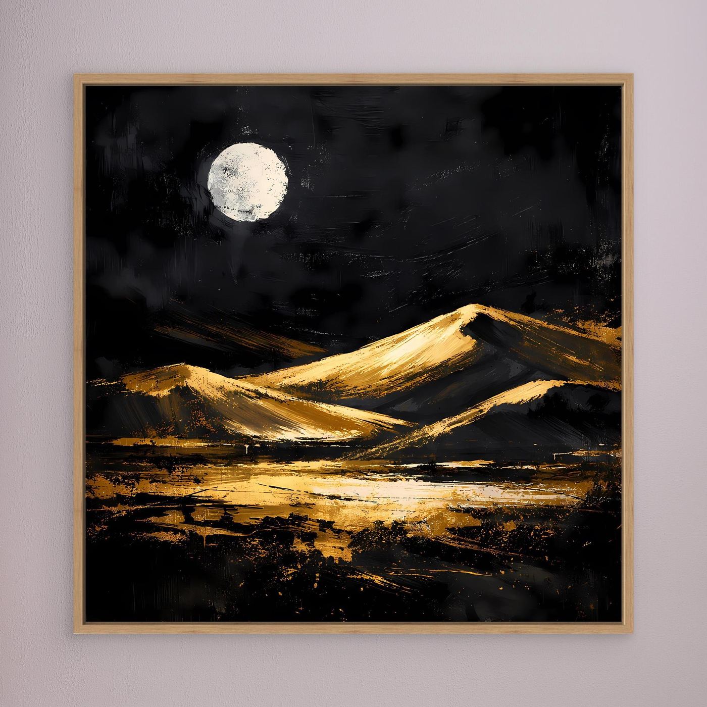 Leinwand Goldene Wüstendünen bei Vollmond | Modernes Abstraktes Landschafts Wandbild
