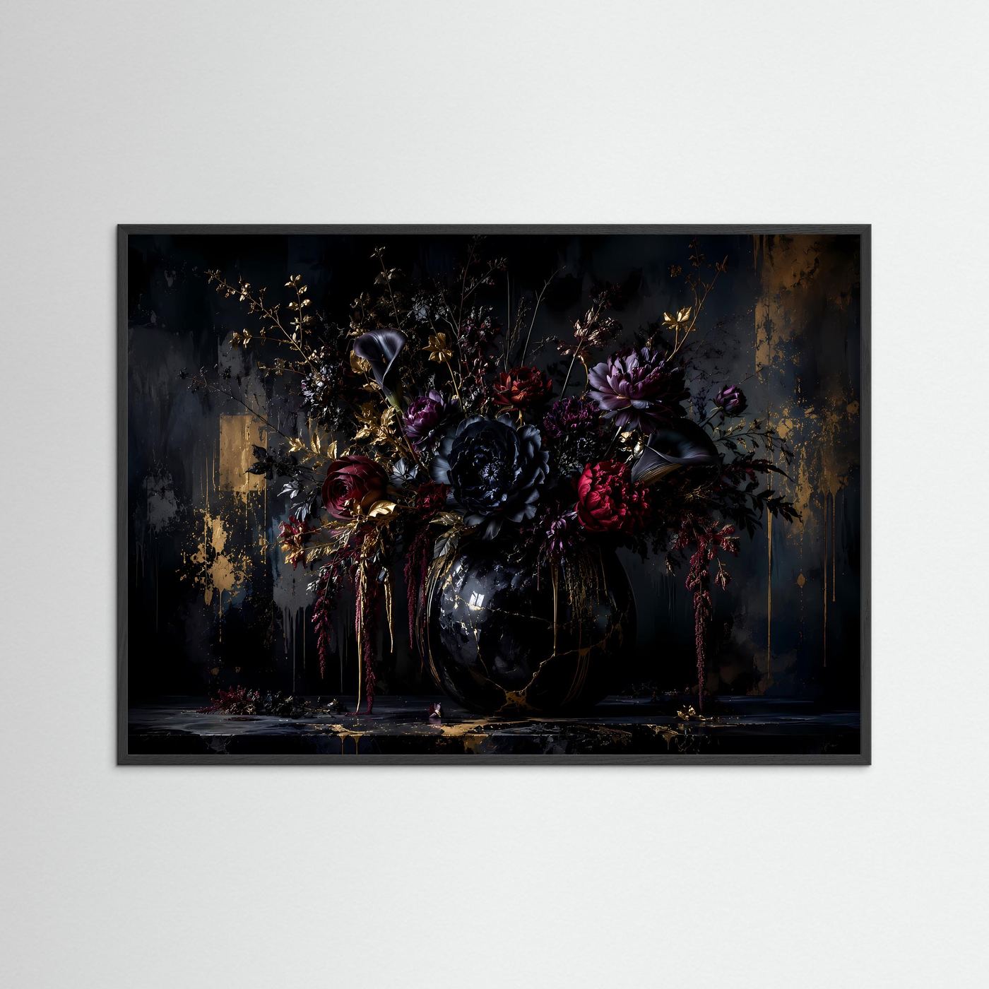 Dunkles Blumenarrangement in Gold & Schwarz | Luxuriöses Florales Wandbild Querformat