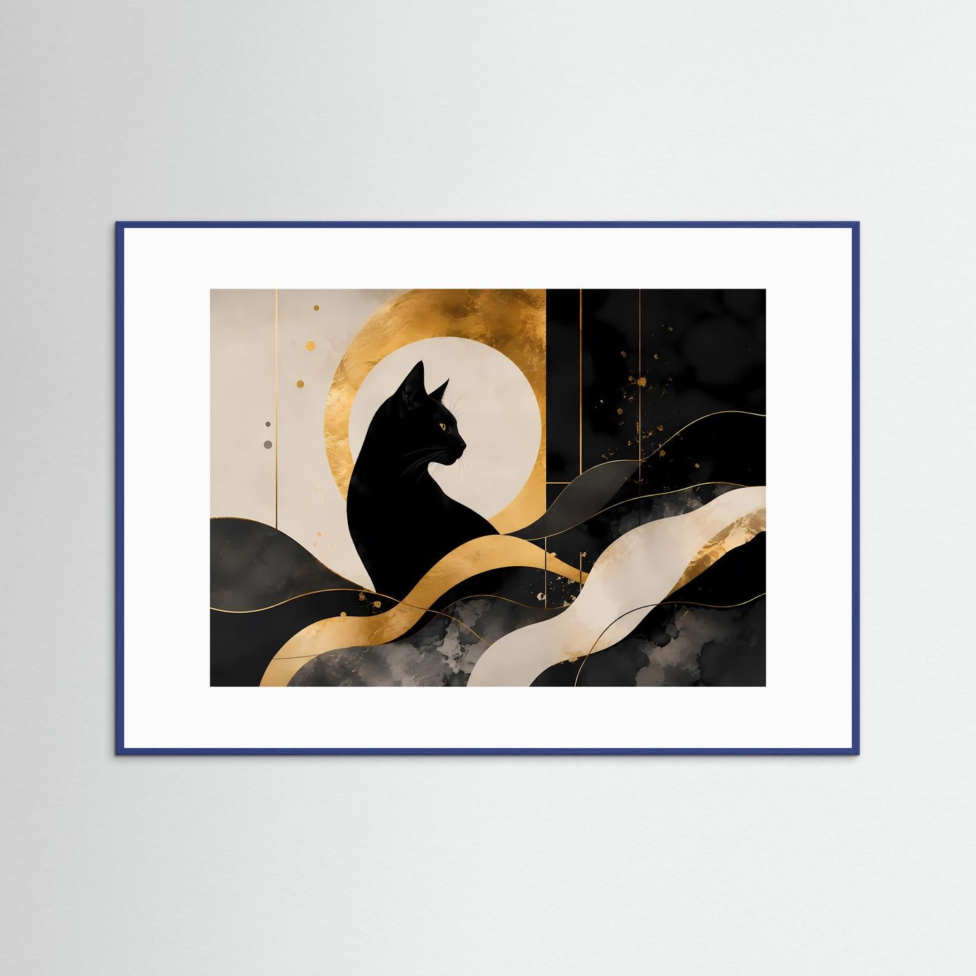 Schwarze Katze vor goldenem Mond | Abstrakte Katzenkunst in Schwarz & Gold