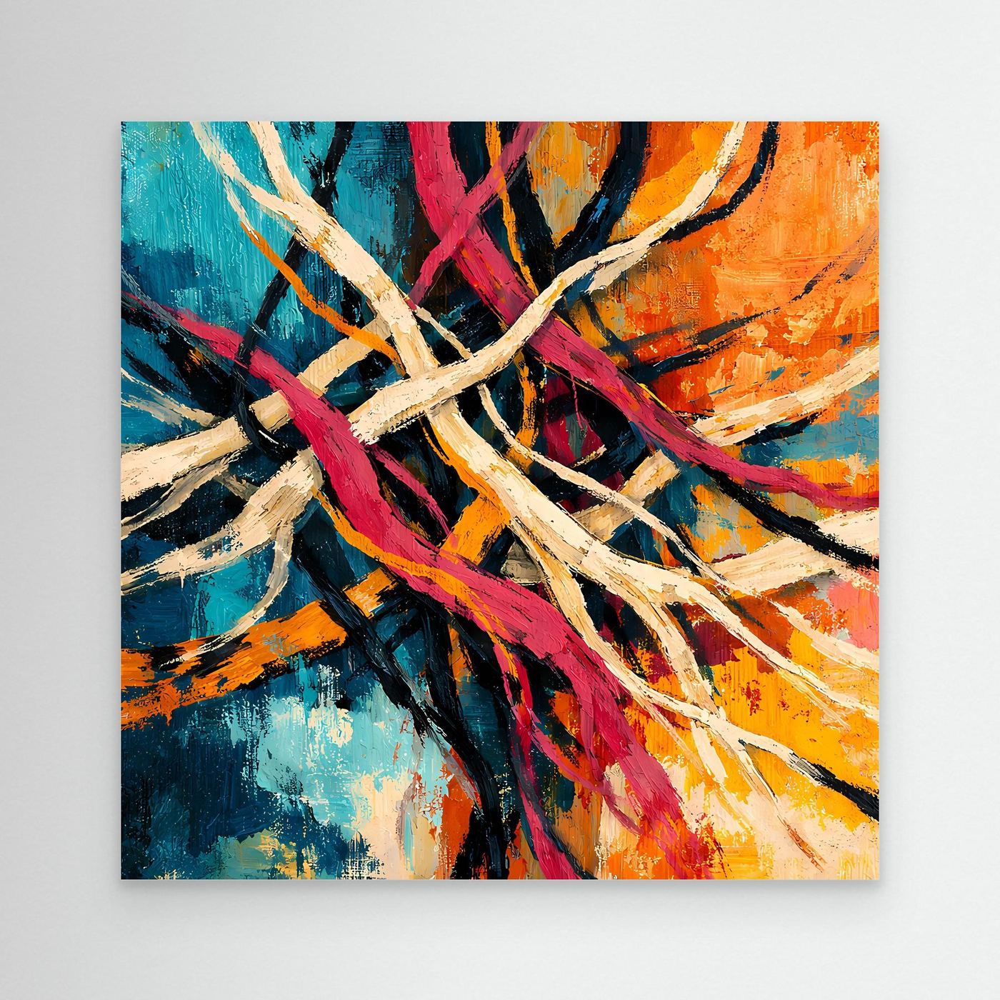 Leinwand-Wandbild mit abstraktem Liniengeflecht, mehrfarbige Pinselstriche