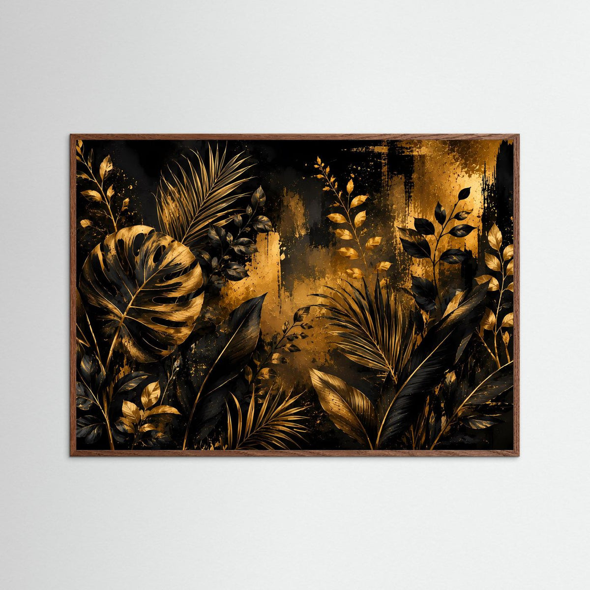 Botanisches Poster im Querformat mit dunklem Eichenrahmen: goldene Tropenblätter auf schwarz