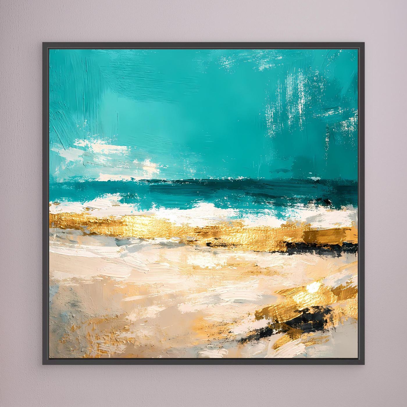 Leinwand Abstraktes Strandgemälde in Türkis und Gold | Modernes Meer Wandbild