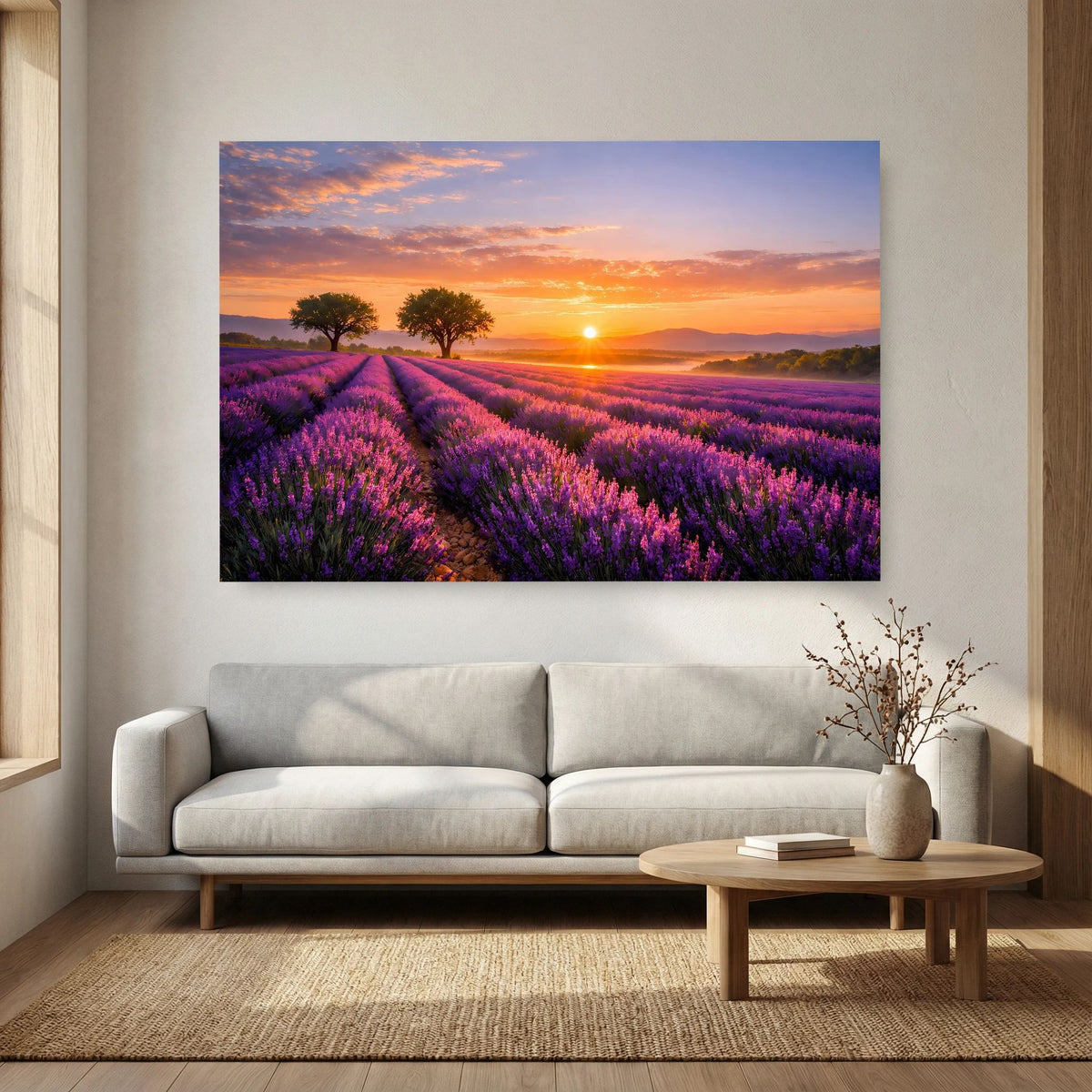 Lavendelfeld-Poster im Querformat mit Sonnenuntergang über weiten Lila-Blütenfeldern