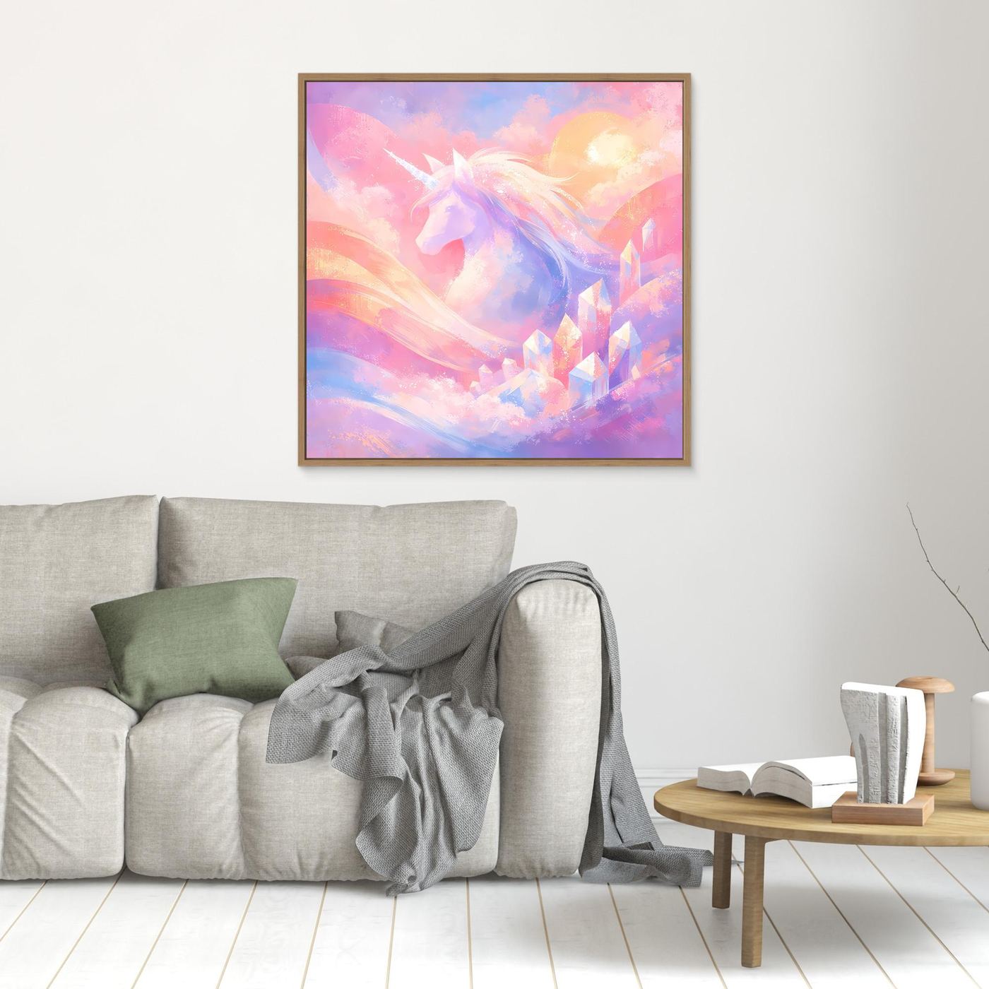 Leinwandbild mit Einhorn-Motiv in Pastellfarben, mit hellem Holzrahmen