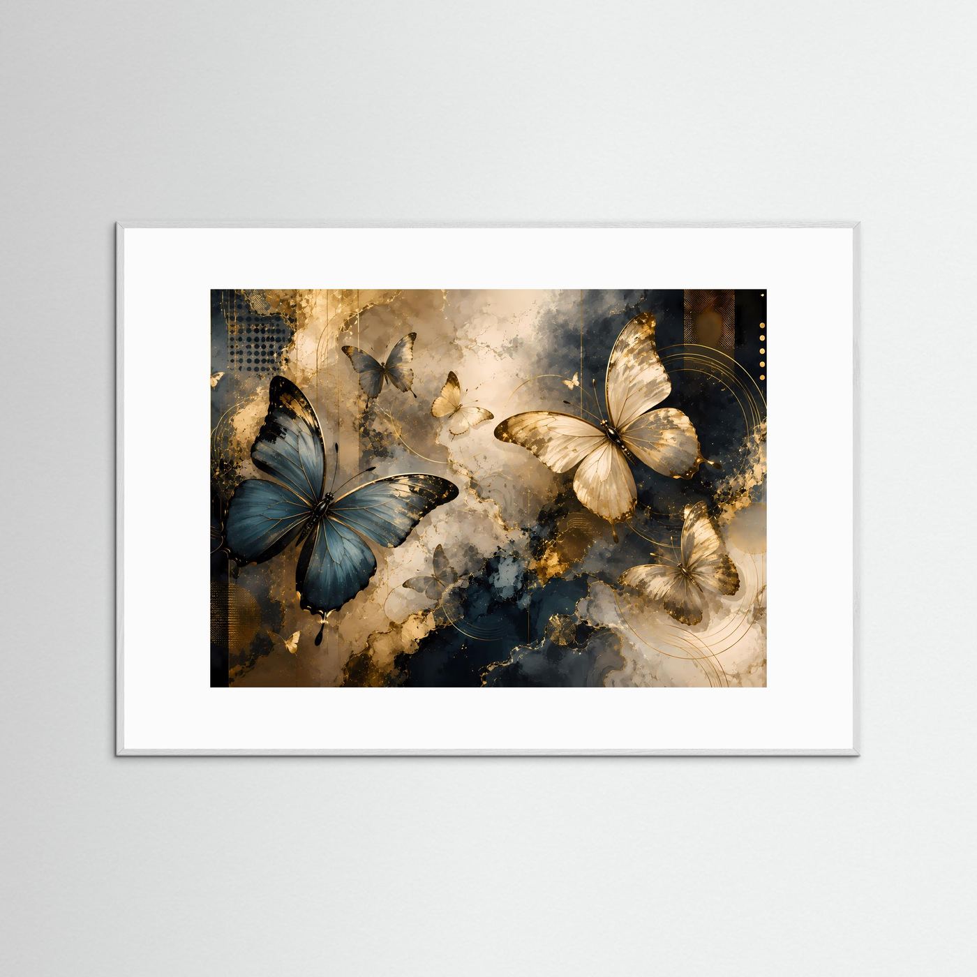 Querformat-Poster mit Schmetterlingen in Blau, Creme und Gold im grauen Rahmen