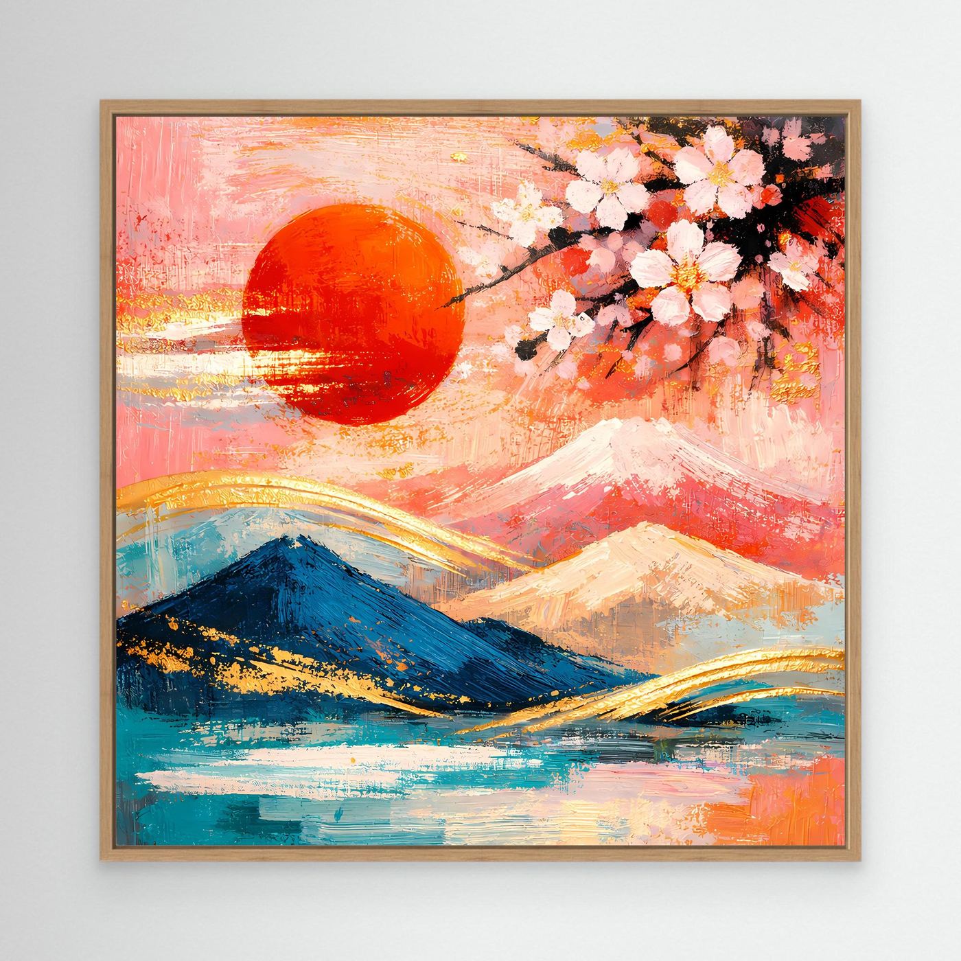 Leinwandbild mit hellem Holzrahmen: Kirschblüte, Fuji-Landschaft, pastellfarben