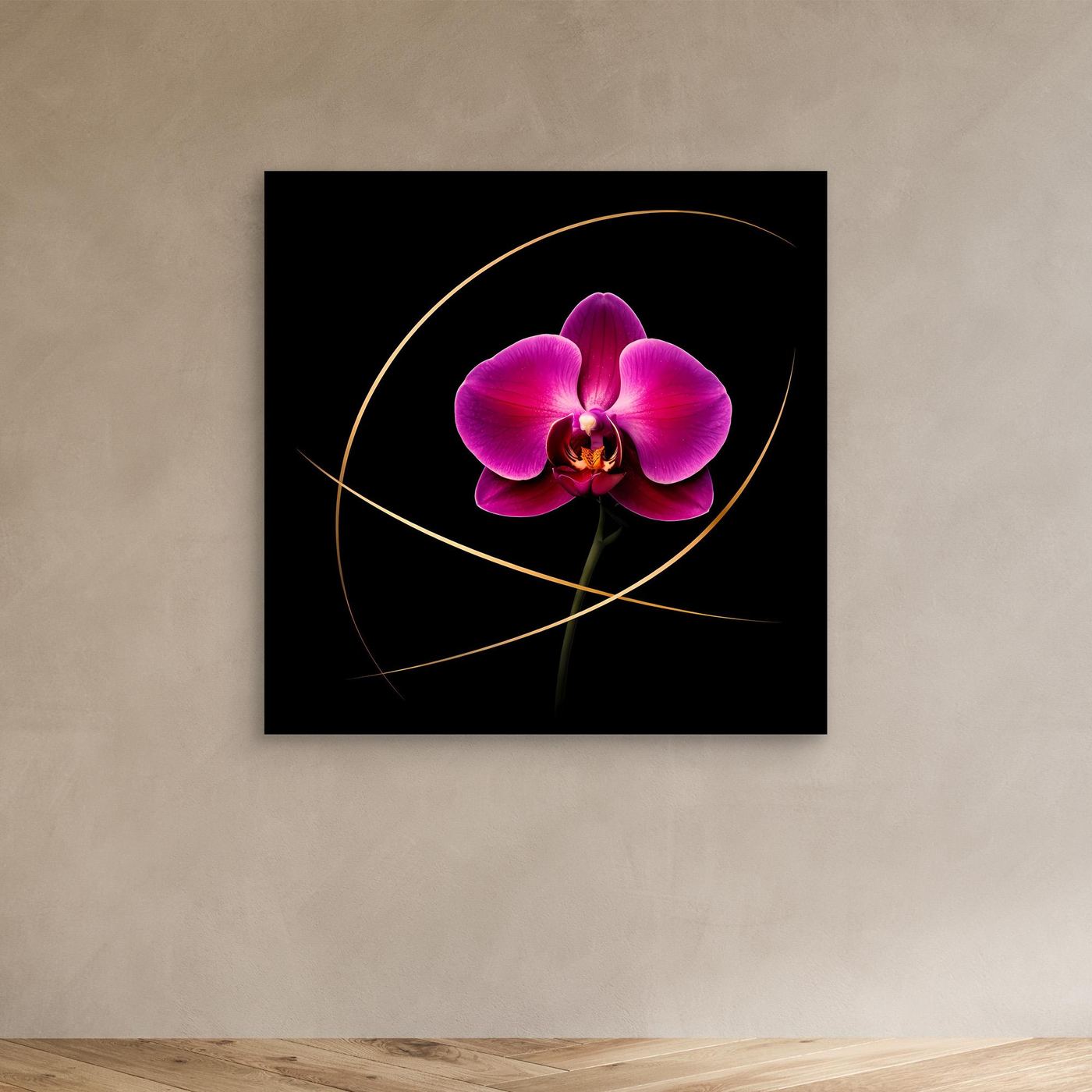 Leinwandbild mit magentafarbener Orchidee und goldenen Linien auf schwarzem Hintergrund, ohne Rahmen