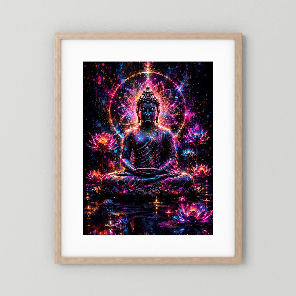 Poster im hellen Holzrahmen mit weißem Passepartout: Buddha im Lotussitz, Neon-Lotus