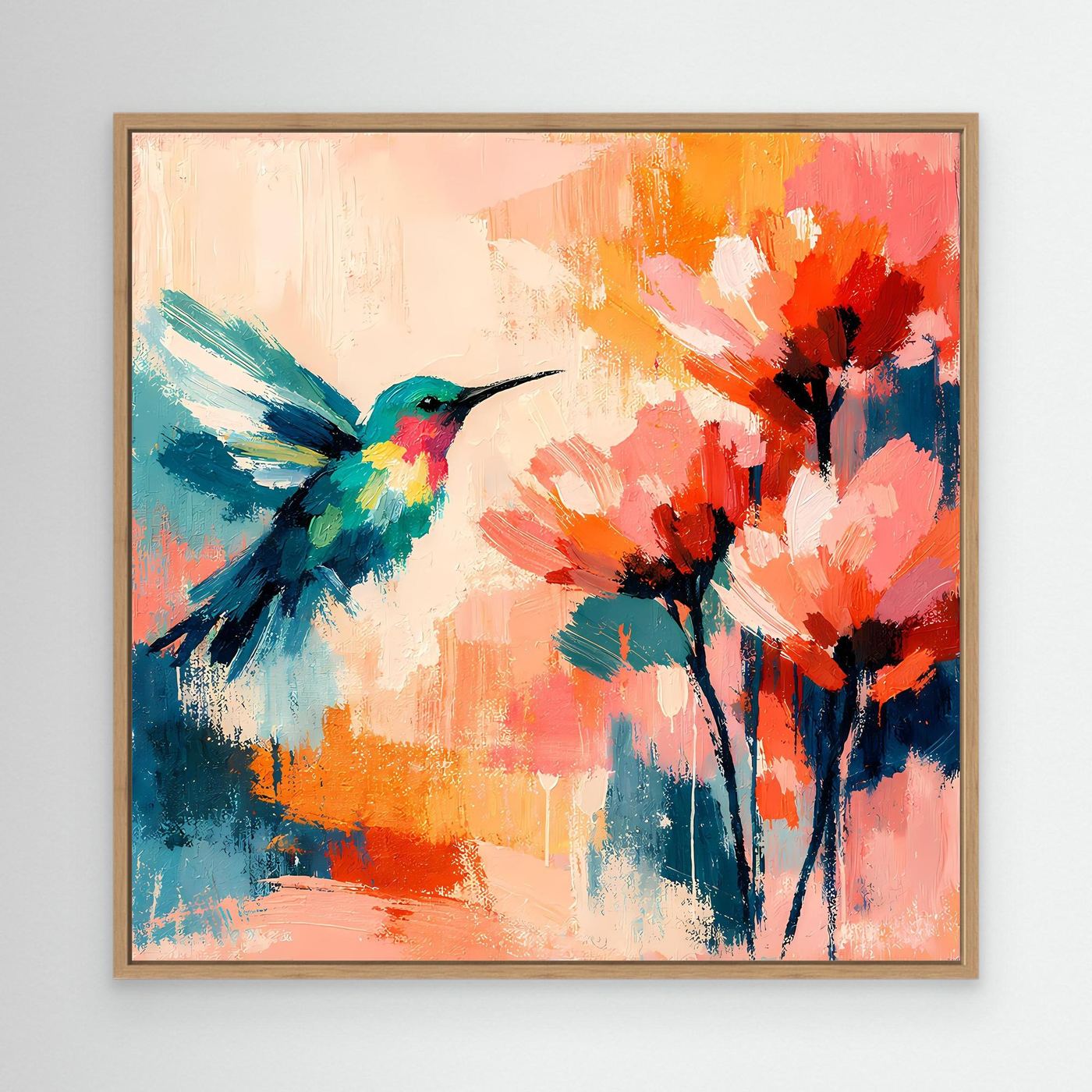 Abstract canvas hummingbird wall art with colorful flowers, oak frame