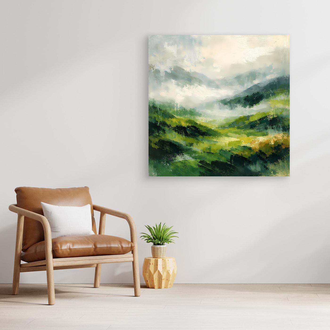 Leinwand Abstraktes Hügellandschaft Gemälde | Modernes Grünes Tal Wandbild Natur