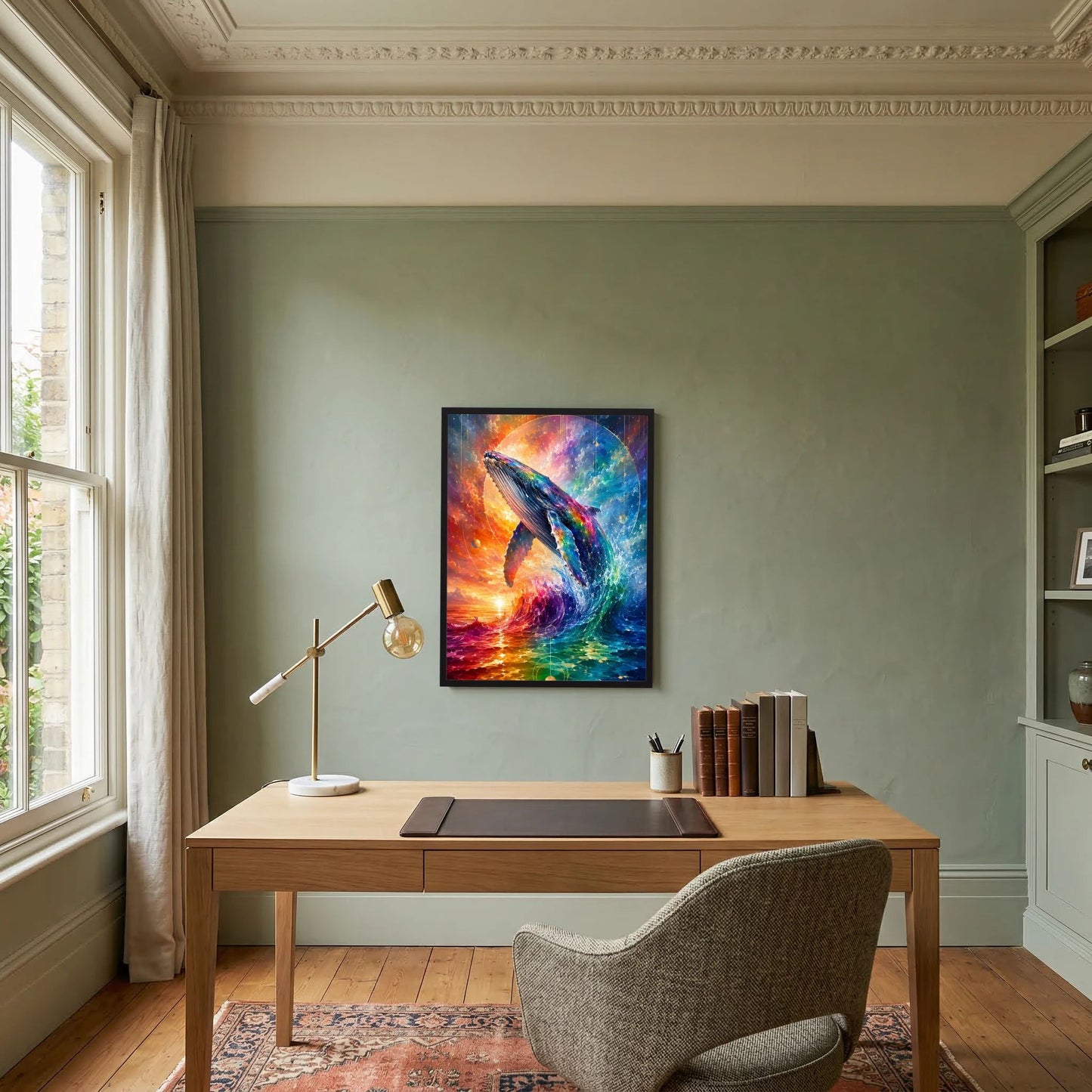 Wandposter mit schwarzem Rahmen: Wal-Silhouette in Regenbogenfarben, leuchtendes Ozeanmotiv