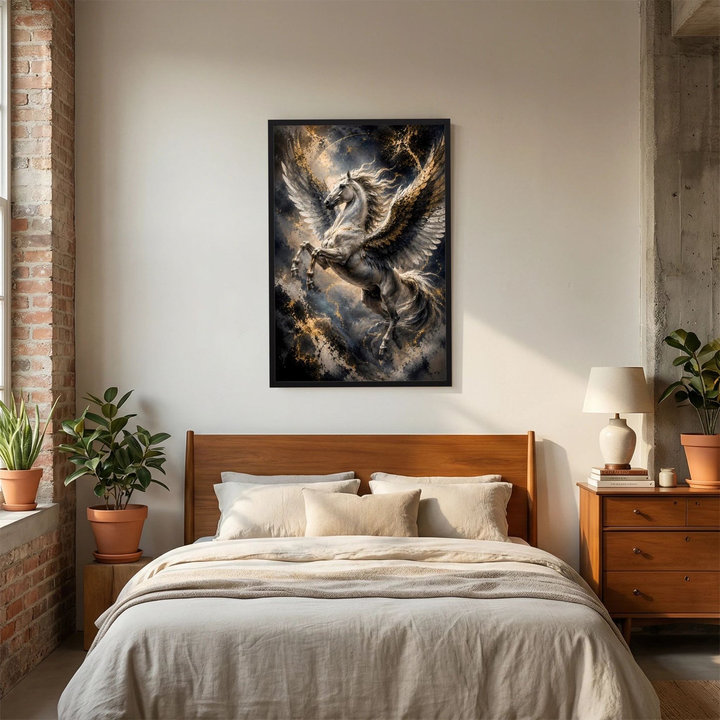 Gerahmtes Pegasus-Poster im Hochformat: silbergraues Pferd mit goldenen Flügeln.