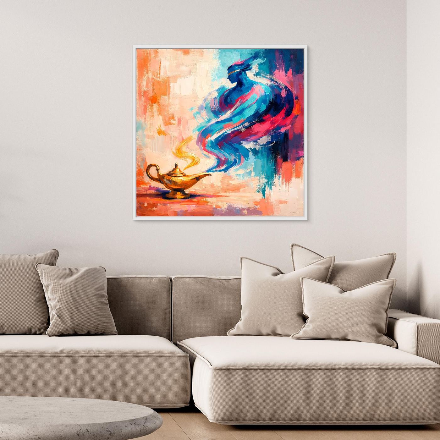 Abstraktes Leinwandbild mit Flaschengeist in Blau und Pink, goldene Lampe vorn