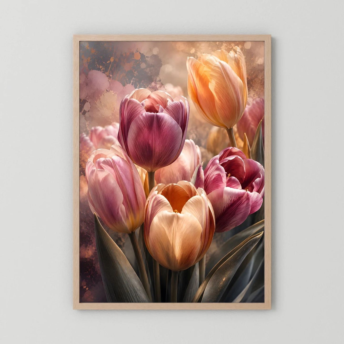 Tulpenposter im hellen Holzrahmen, rosa und apricotfarbene Tulpenblüten.