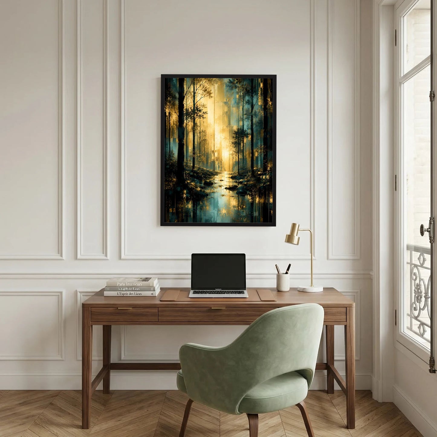 Waldlandschaft-Poster im Hochformat mit türkisblauen Bäumen, goldenen Strahlen und schwarzem Rahmen