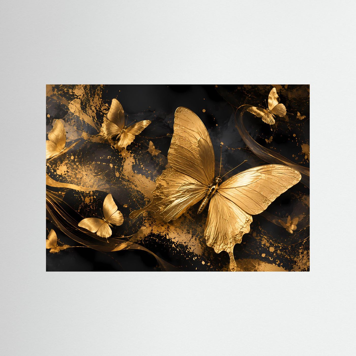 Schmetterlingsposter: goldene Schmetterlinge auf dunklem Abstrakt, ohne Rahmen