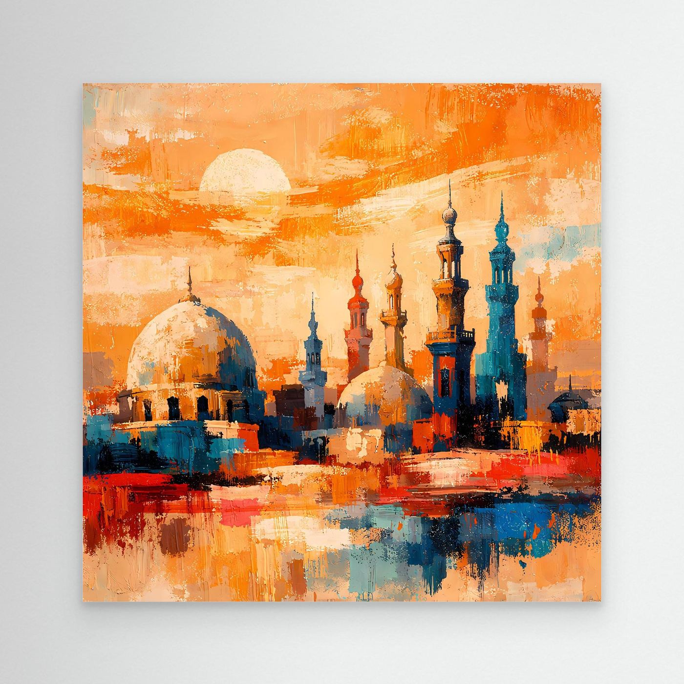 Abstraktes Leinwandbild mit orientalischer Skyline und Minaretten, orangefarbener Sonne und türkisblauem Wasser