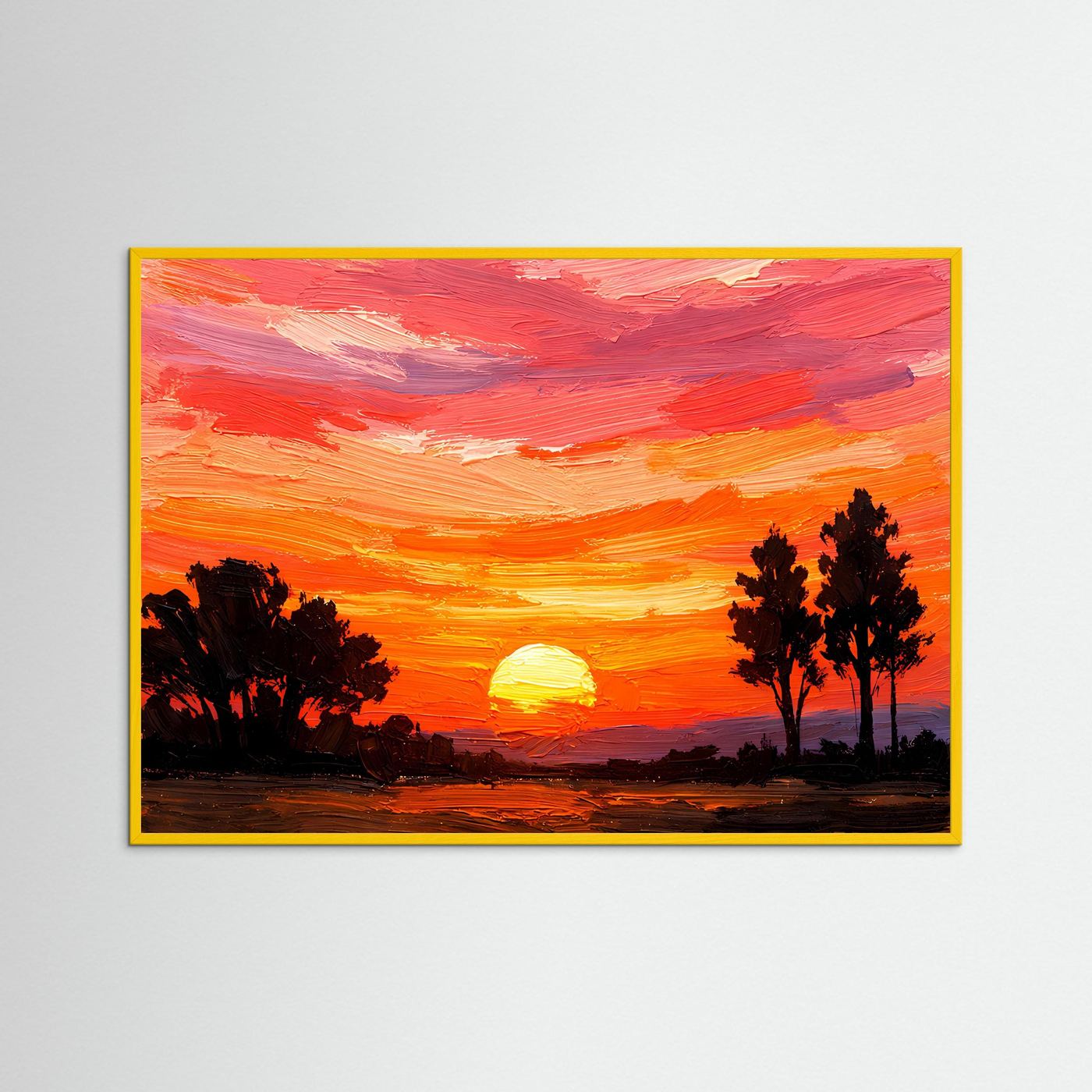 Acrylkunstwerk im Querformat mit Sonnenuntergang, Sonne und Baum-Silhouetten; gelber Rahmen