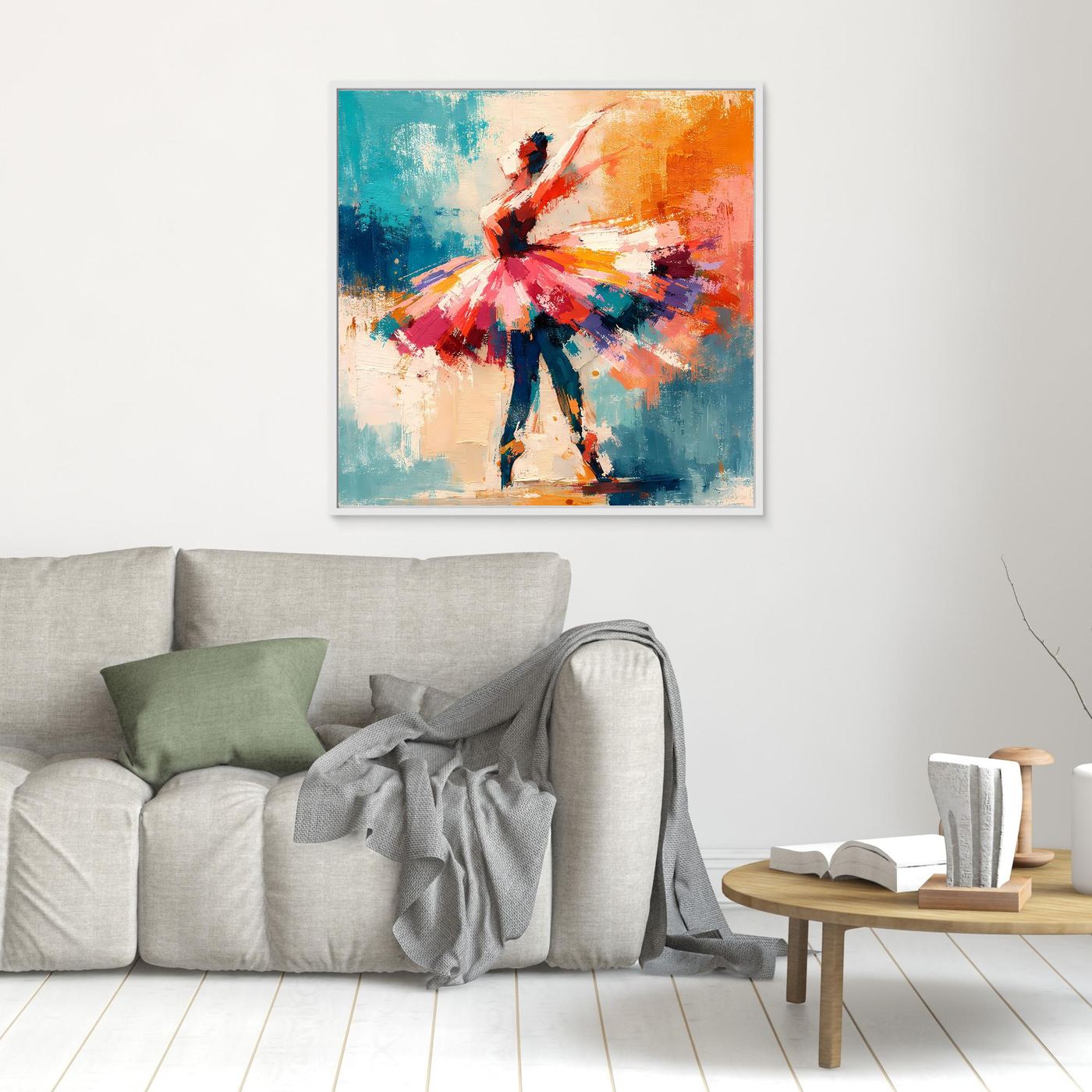 White-framed abstract ballerina wall art, dancer figure in red, blue, and orange strokes.