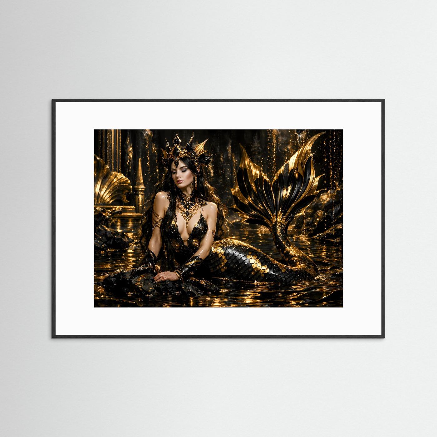 Goldene Meerjungfrau in Schwarz & Gold | Mystisches Fantasy Wandbild Querformat