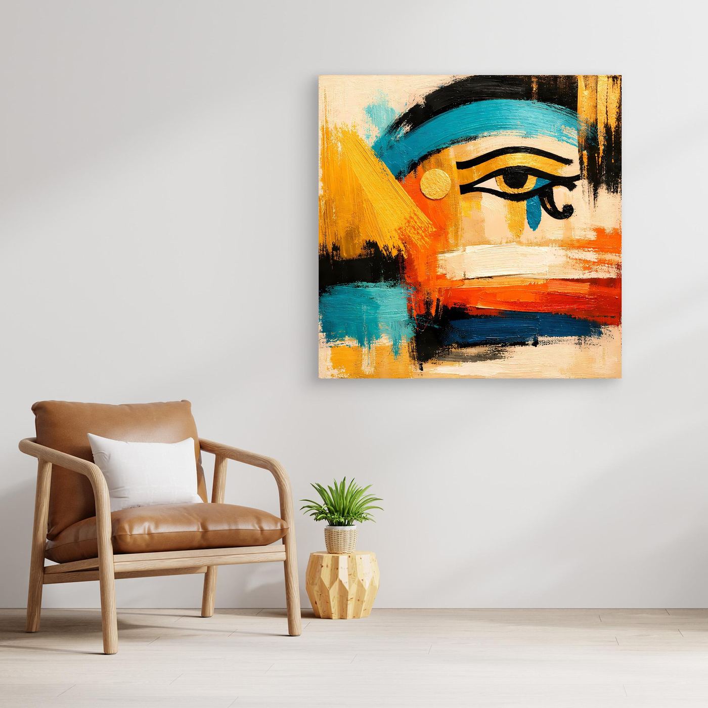 Framed abstract Eye of Horus canvas wall art with blue, teal, orange, and black marks