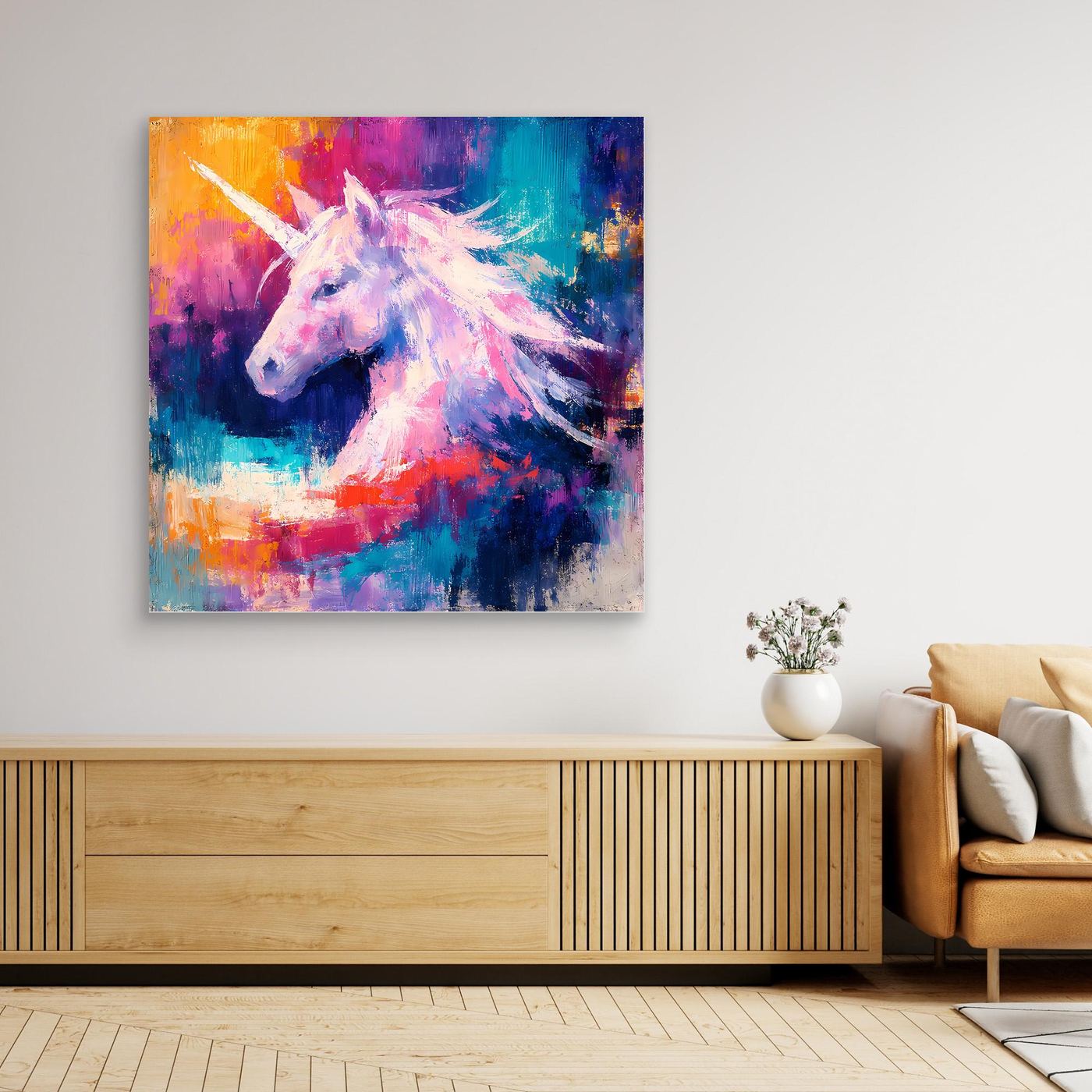 Leinwand Elegantes Einhorn im Farbenmeer | Abstraktes Fantasy & Pastell Wandbild