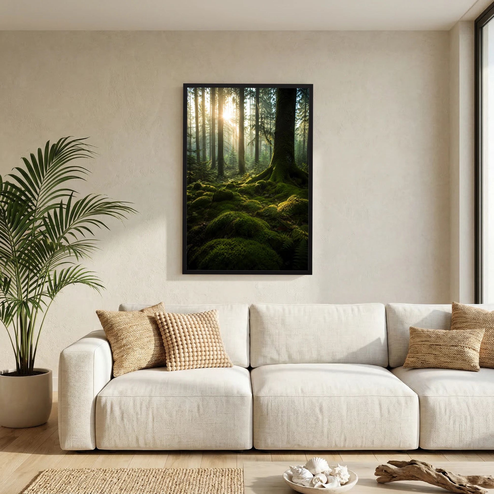 Hochformat-Poster im schwarzen Rahmen: moosiger Waldboden und Sonnenlicht im Wald