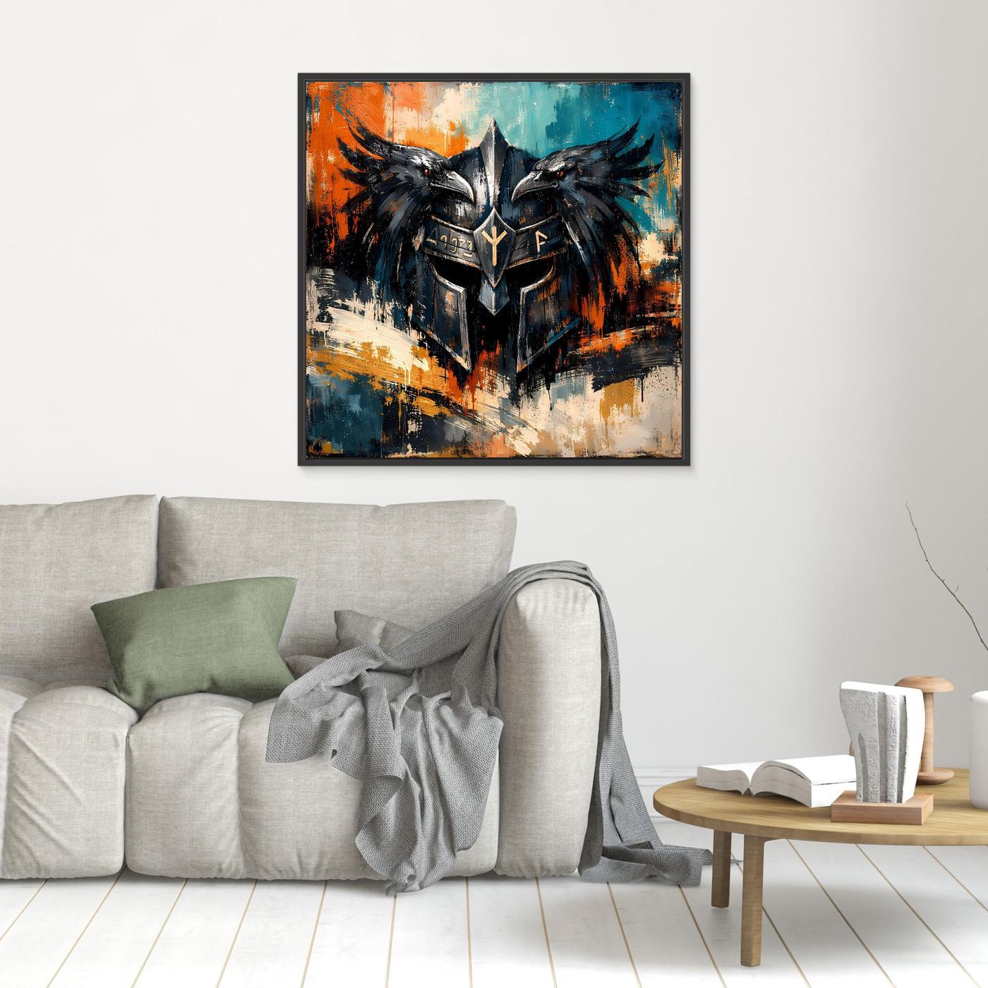 Wandbild mit Odins-Helm und Raben, schwarzer Rahmen