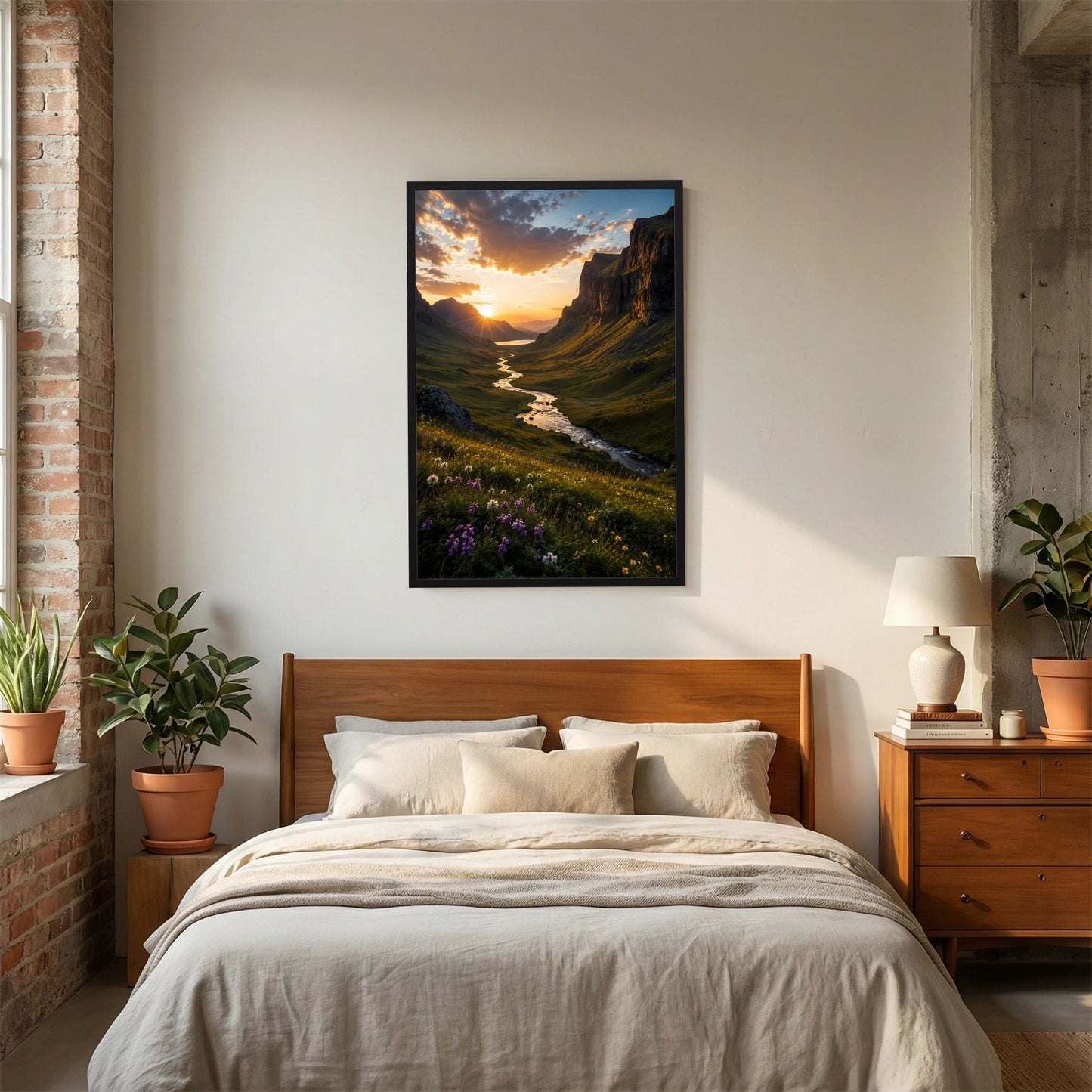 Hochformat-Poster mit schwarzem Rahmen, Landschaftsmotiv mit Fluss, Felsen und Wildblumen