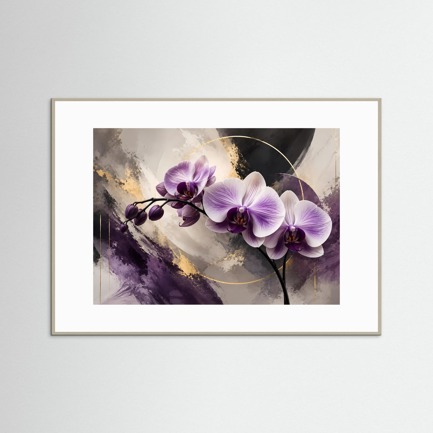 Elegante Orchideen in Violett & Gold | Abstrakte Blumen & Natur Poster Querformat
