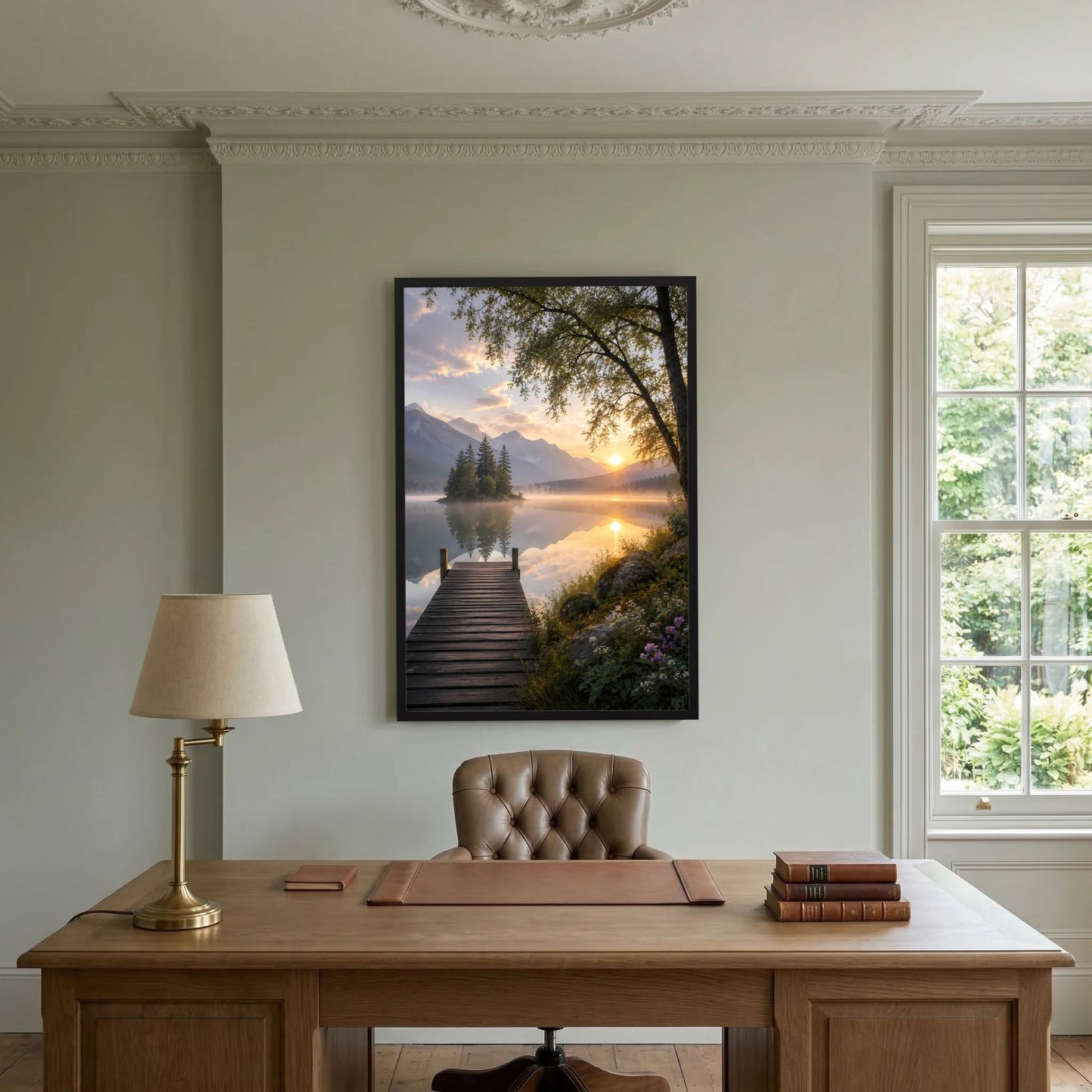 Bergsee mit Holzsteg | Sonnenuntergang in ruhiger Berglandschaft | Poster Hochformat