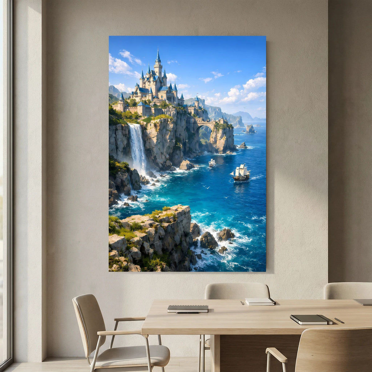 Wandposter hochkant mit blauem Rand: Fantasy-Schloss an Felsen, Meer und Boote