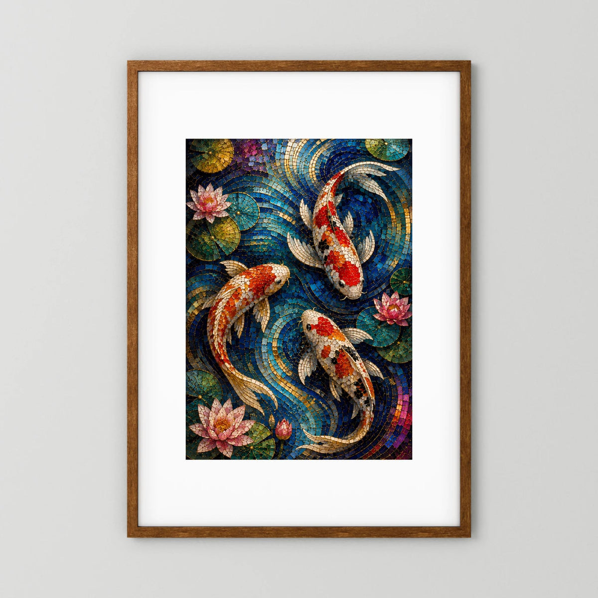 Koi Fische im Seerosenteich | Japanisches Mosaik in Blau & Gold | Poster Hochformat