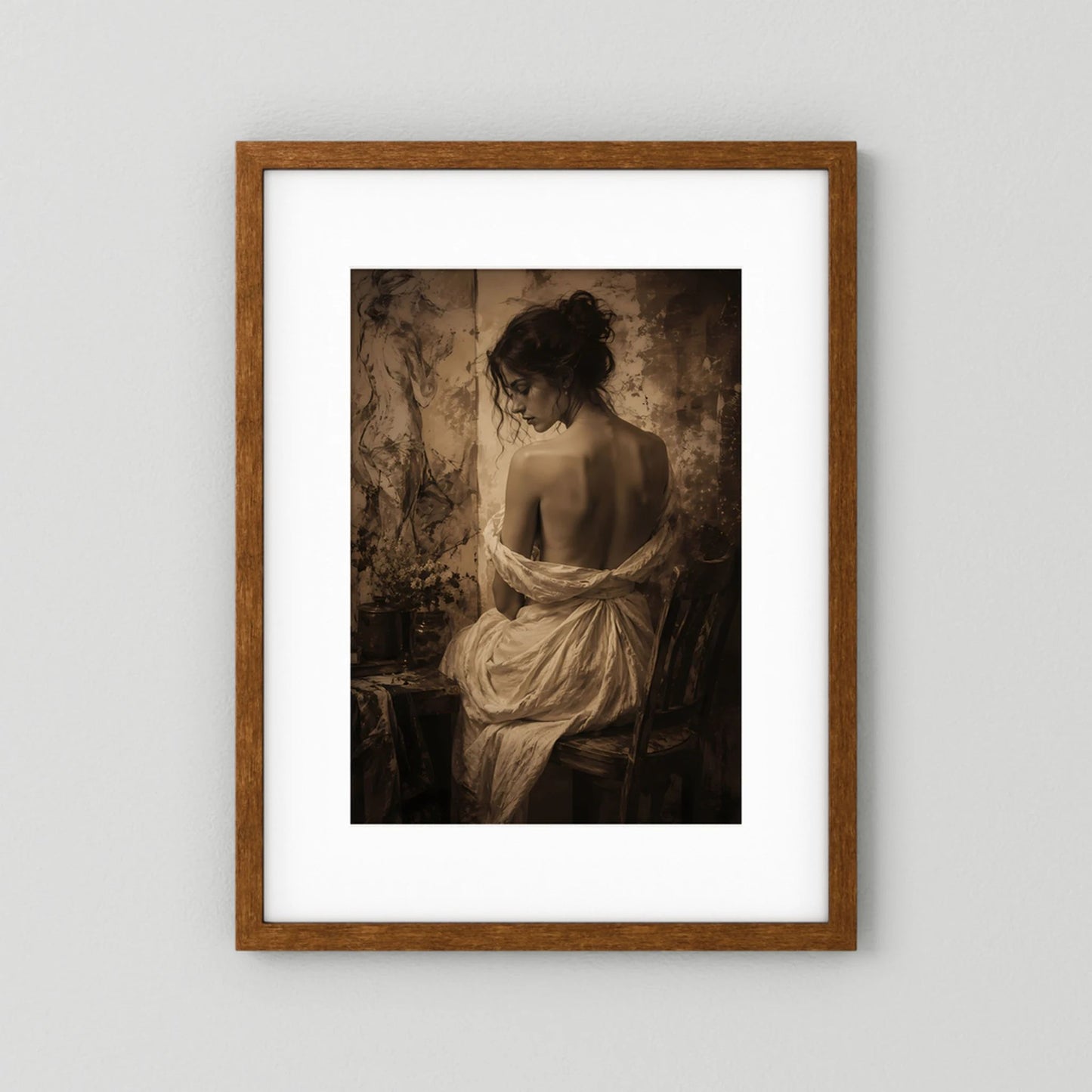 Kunstposter mit Sepia-Porträt einer Frau, dunkler Holzrahmen, mit Passepartout