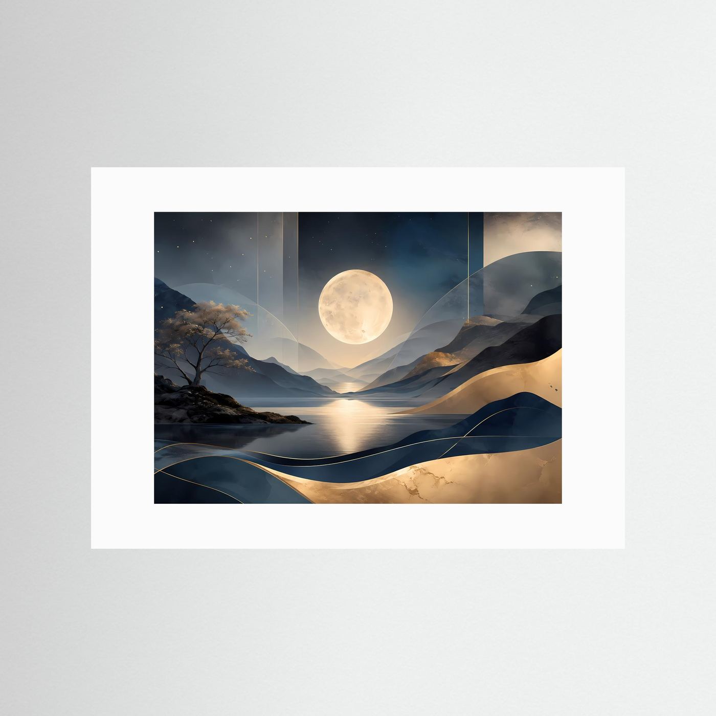 Querformat-Poster mit Mond über Berglandschaft und See in Blau- und Goldtönen, weiß hinterlegt